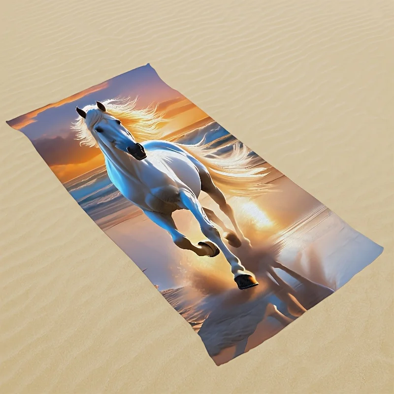 1PC White Horse Pattern Beach Towel Multi-Purpose for Seaside Swimming Pool Bathroom Camping Travel Yoga Fitness