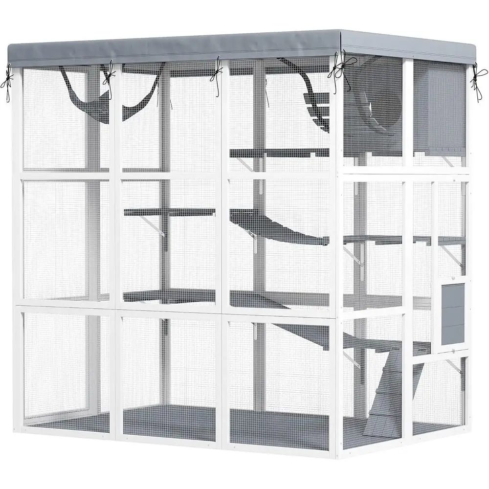 

Outdoor Cat Enclosure, Large Luxury Cat House Outside with Hammock, Condo, Jump Platforms, Ladders, Ramps, Tarp, Walk in Cat Cag
