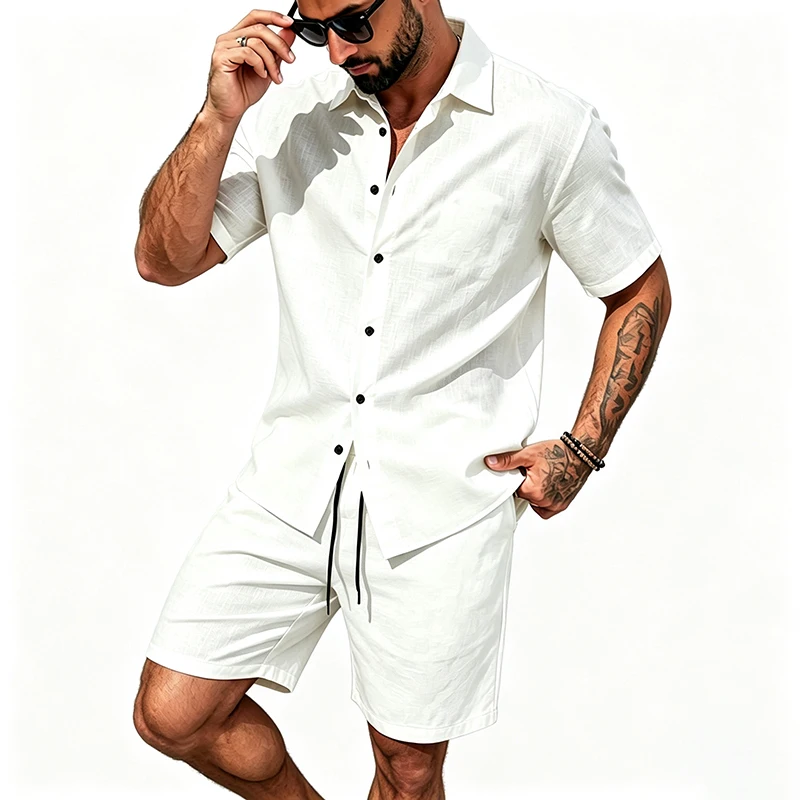 Men Linen Two Piece Outfit Short Sleeve Lapel Button Shirt Elastic Drawstring Shorts Summer Daily Seaside Vacation Casual Set