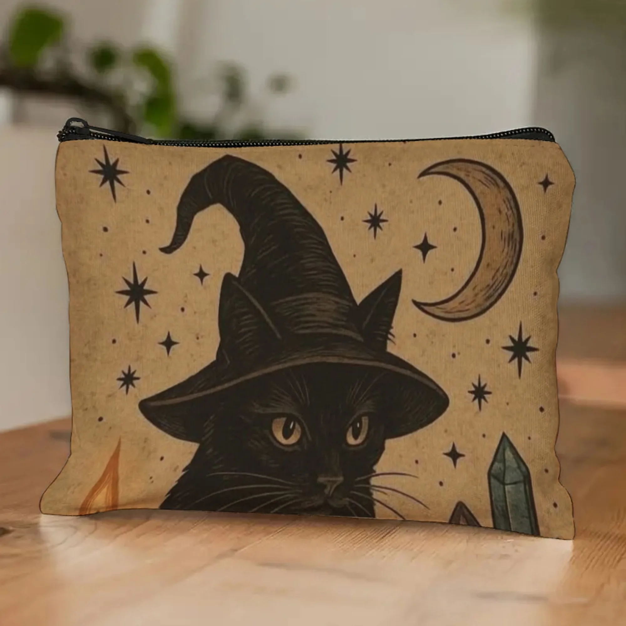 Vintage Witchy Black Cat Cosmetic Bag Occult Design with Wizard Hat Moon Stars Crystals & Flames Mystical Retro Makeup Pouch