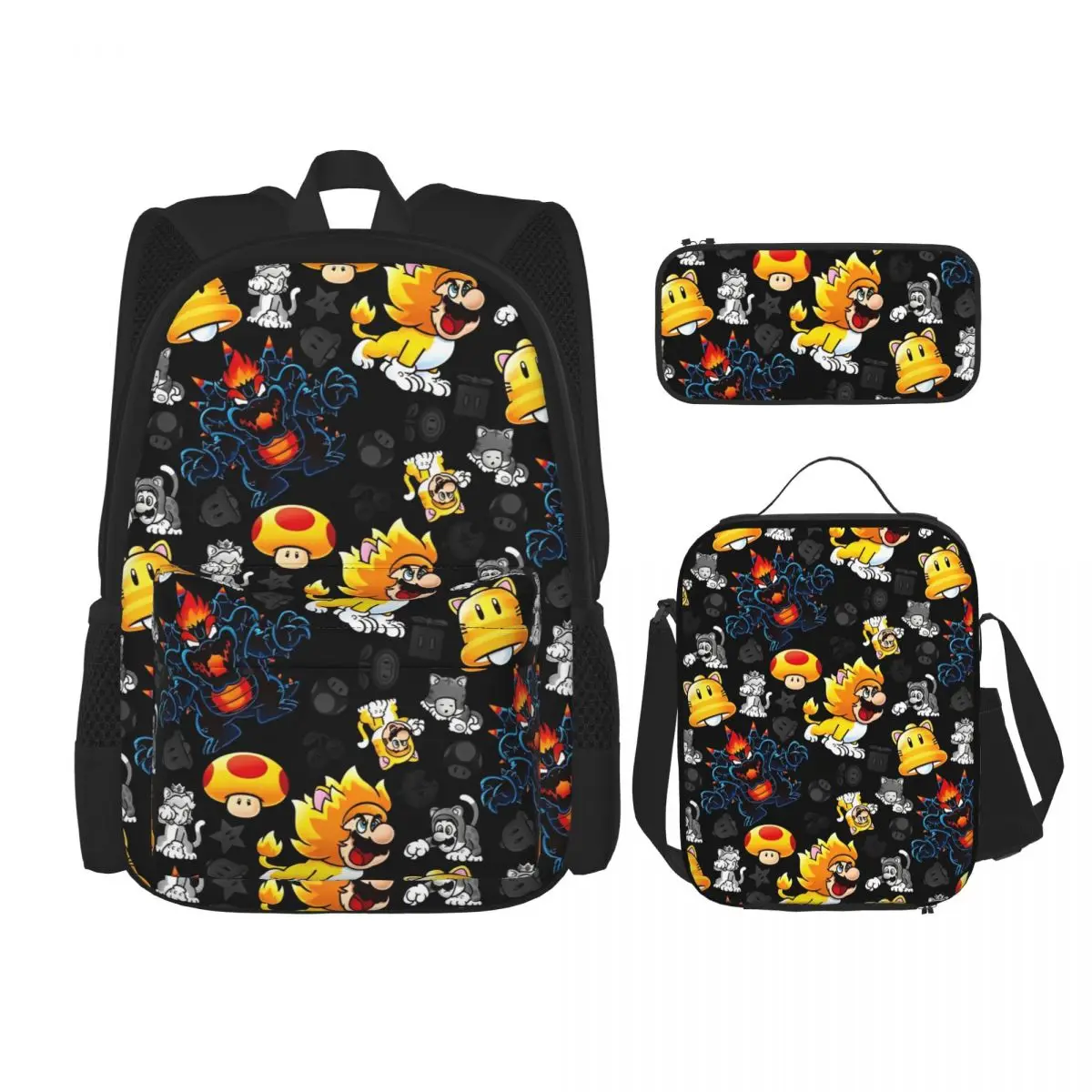 

3pecs/set Cat Marios Backpack for Student Laptop Computer Daypack Lunch bag Pencil Case