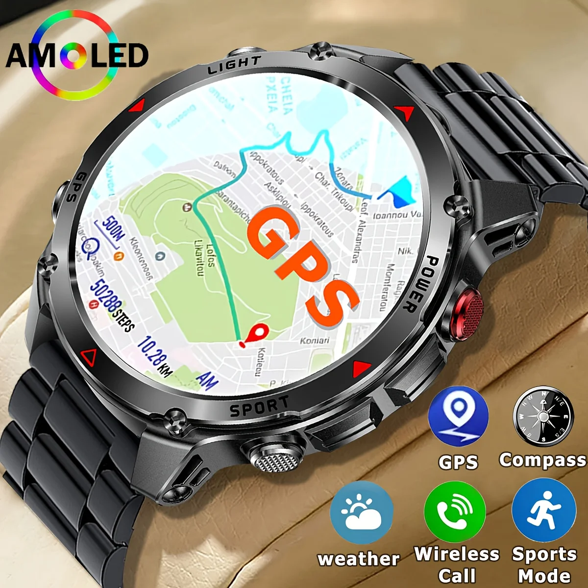 

Новинка 2023 года, военные Bluetooth-смарт-часы с вызовом, встроенный GPS-компас, барометрический высотомер, 10 АТМ, водонепроницаемые спортивные умные часы для мужчин