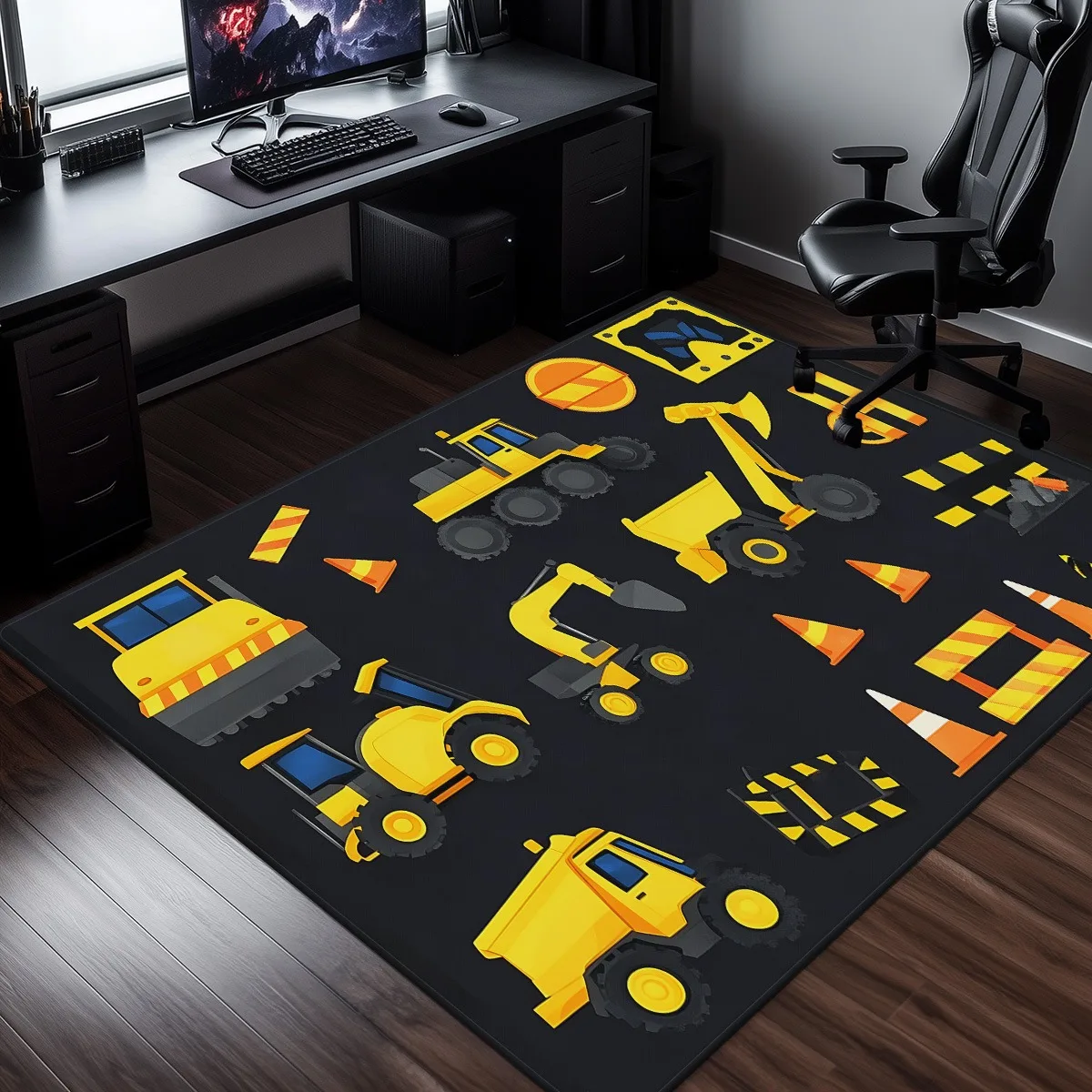 Construction Vehicles Yellow Tractor Truck Crystal Velvet Rug Kids Playroom Floor Mat Building Theme Anti Slip Area Carpet