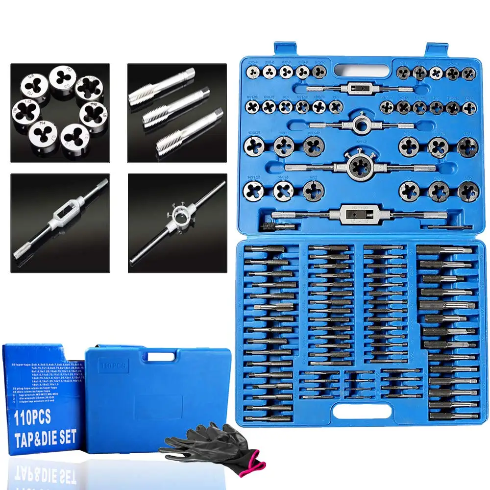 110pcs Multifunction Pipe Thread Alloy Steel Tap and Die Set Wrench Hand Metric External Thread Hand Tool Kit Tap and Die Set