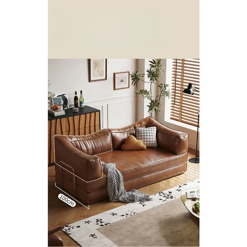 Foldable dual-purpose pudding oil wax leather sofa, bed retro small apartment living room module sofa