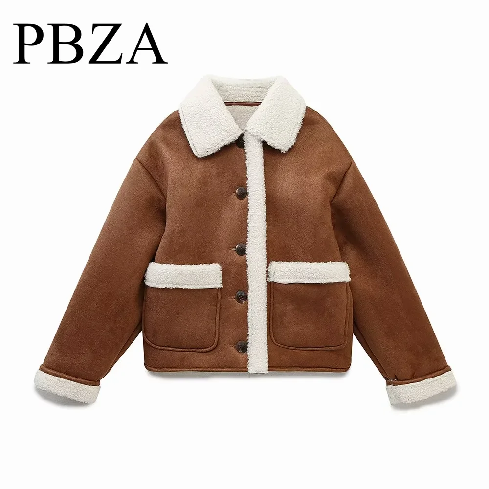 

Autumn and winter collar long sleeved deerskin velvet top with patch pocket decoration double-sided jacket loose short jacket