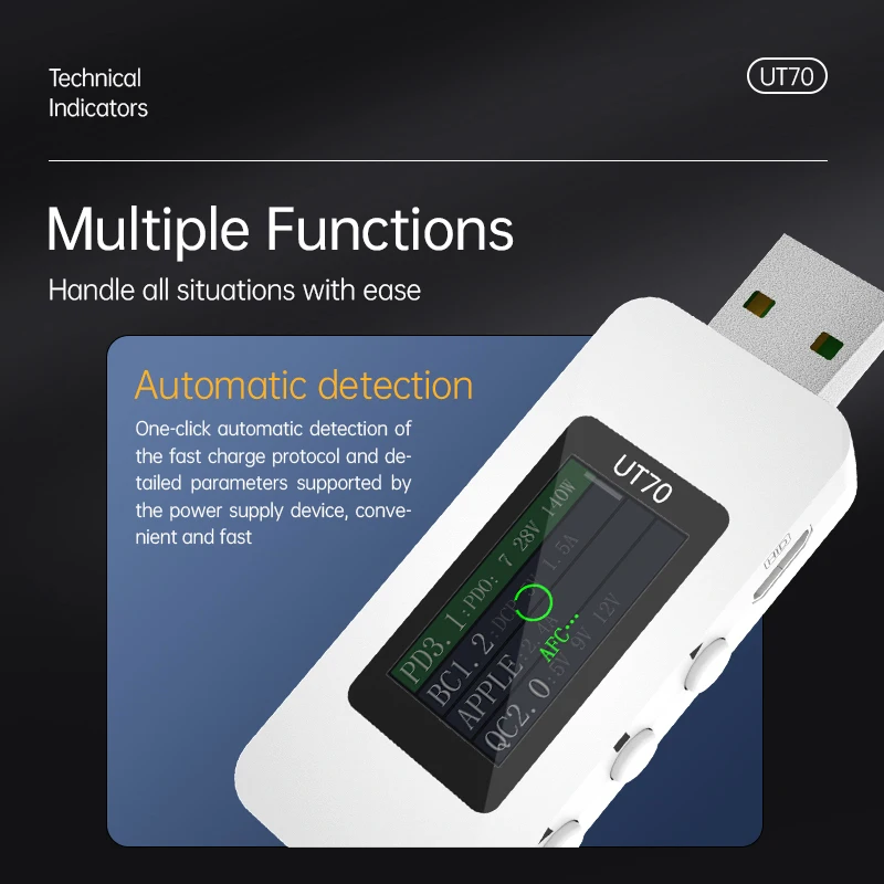 UT70 USB Tester Digital Voltmeter Ammeter Capacity Measurement Waveform Display Electrician TYPE-C Fast Charge Detection Trigger