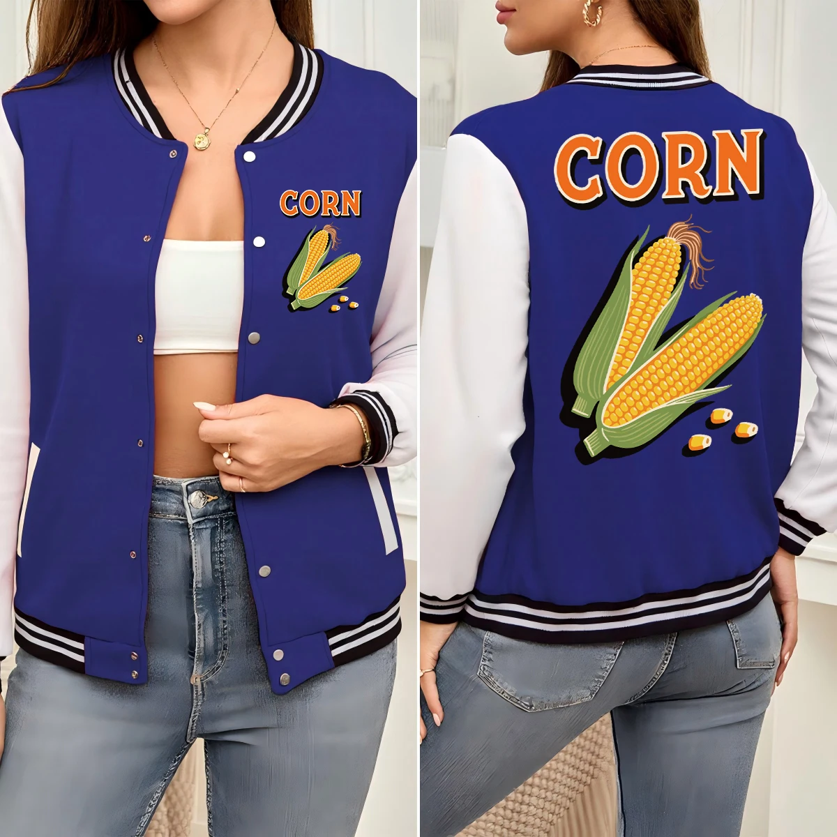 

Fresh Corn Creative Printed Jacket Woman Fashion Loose Baseball Uniform Autumn Hip Hop Streetwear All-Match Cotton Womens Coat