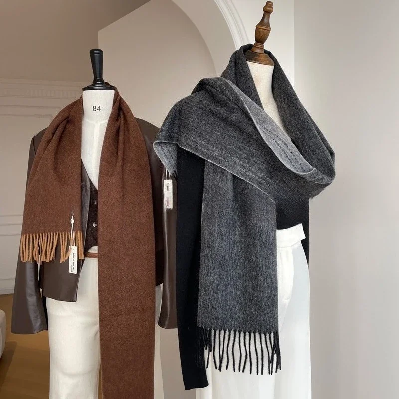 High Quality Australia100% Pure Wool Scarf Women Fall Winter Design Double-Sided Stitching Knitted Cashmere Shawl Female Muffler