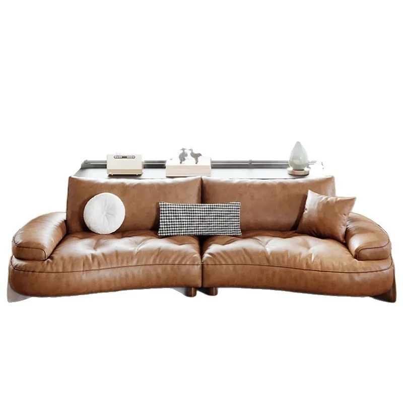 

vg-Italian Style Modern Retro Italian Leather Sofa Genuine Cowhide First Layer Light Luxury Straight Row Curved for Living Room&