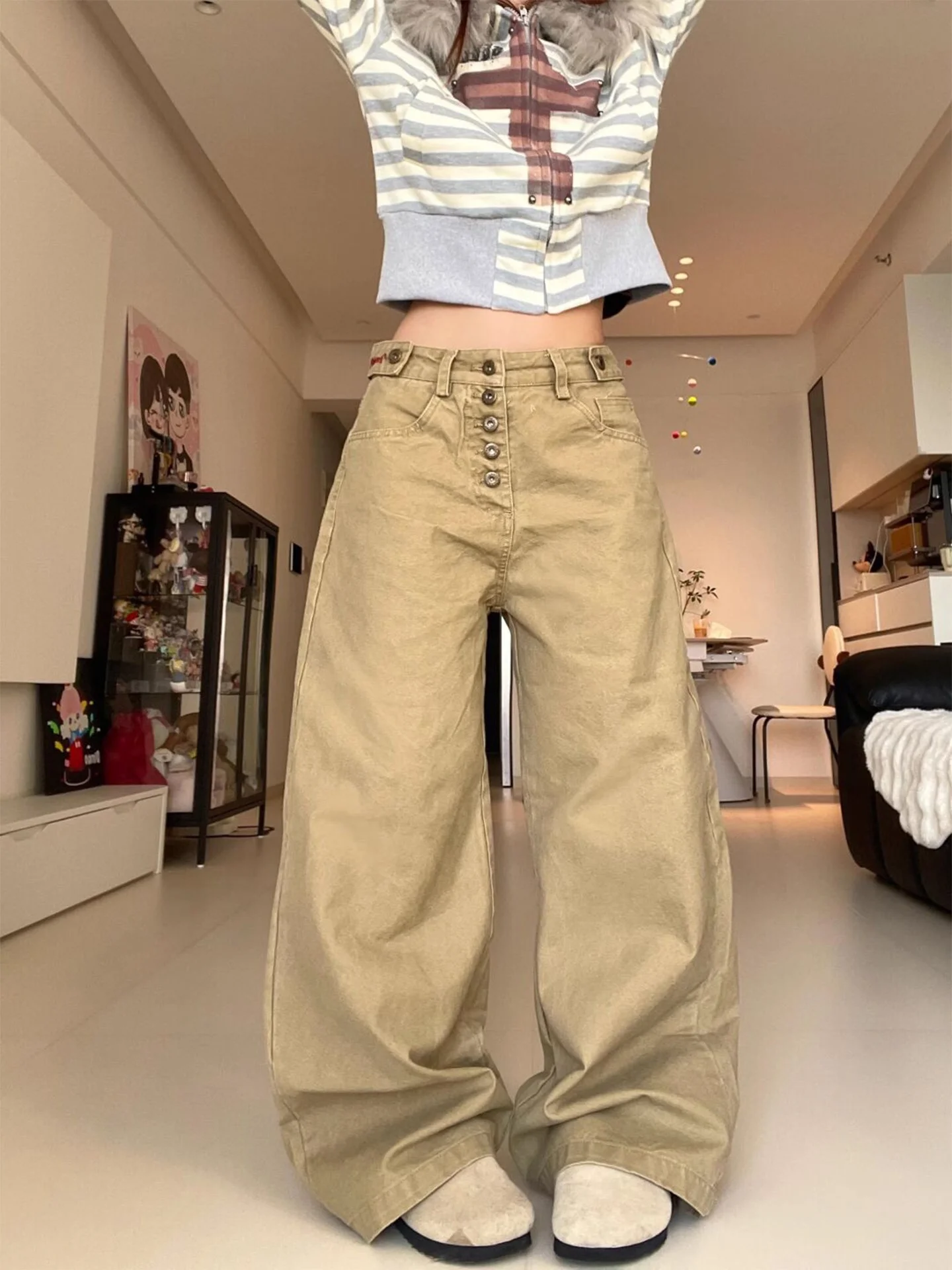 

Laid-back Vintage American Khaki Denim Jeans Women's Summer New Slim Loose Slimming Wide Leg High Waist Casual Mid-Calf