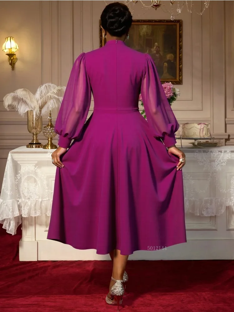 Elegantes Midi-Partykleid für Damen, halbhoher Kragen, Ausschnitt, durchsichtige Laternenärmel, plissiert, Diamant-Taille, edles Abend- und Urlaubsoutfit