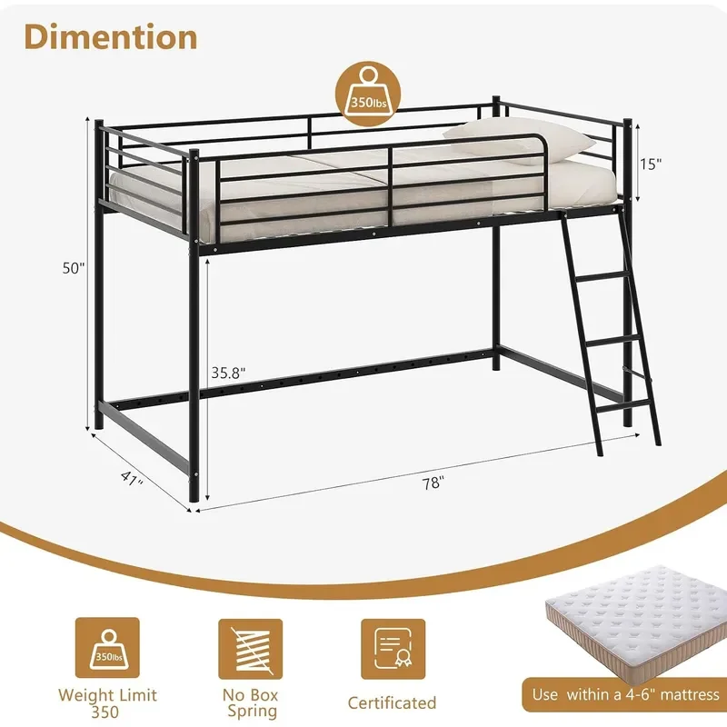 Low Loft Bed with Inclined Ladder Metal Twin Size Bed Frame with 15 High Guardrail for Boys Girls Junior Space Saving