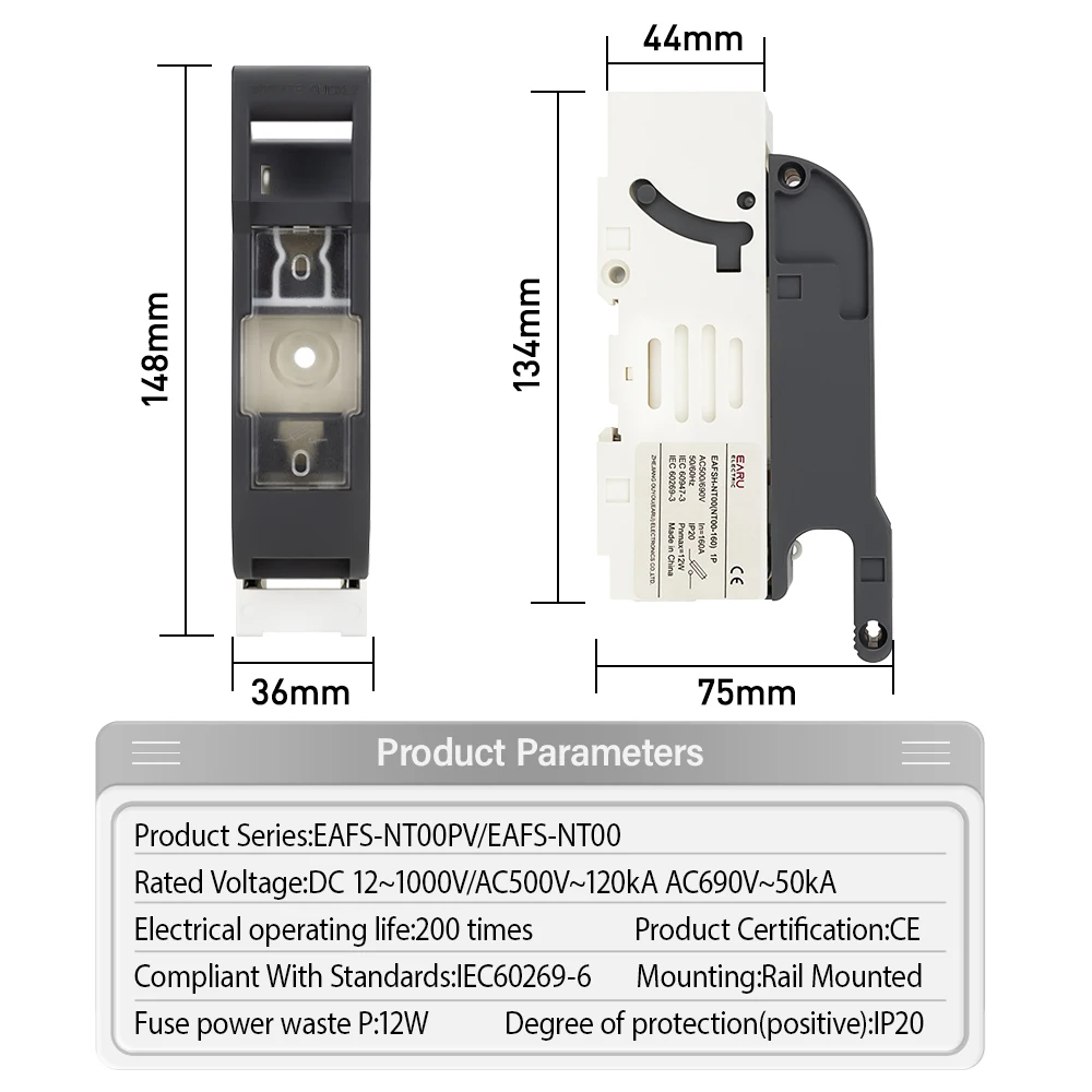 Fuse Disconnector Switch DC 12V-1000V AC 500V 690V  1P for NT00PV NT00 Battery Fuse Plug-in Knife Type Installation Telecom Fuse