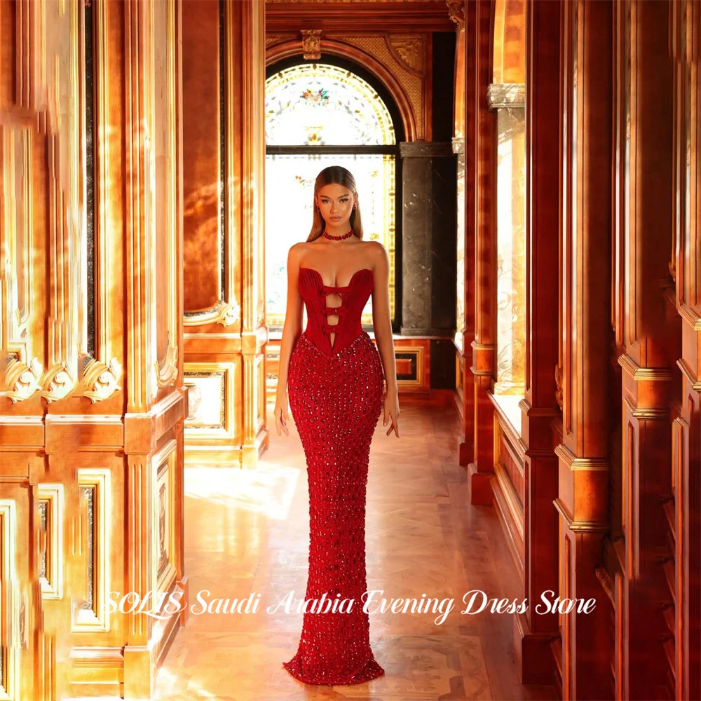 

Вечернее платье SOLIS с красными блестками и пайетками, без бретелек, с бантом, для торжественных мероприятий, с вырезами, на заказ