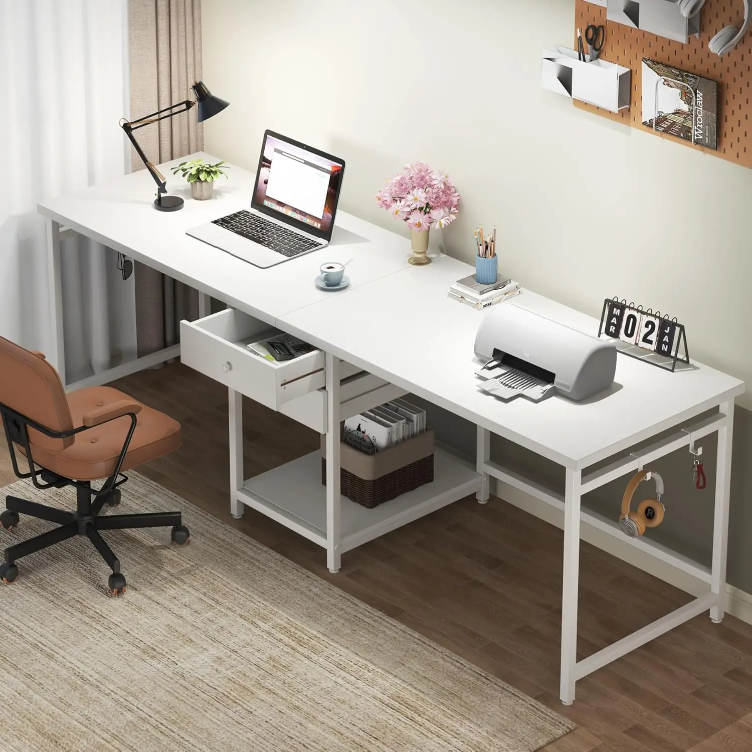 Tribesigns 79 Inch Extra Long Desk, Double Desk with 2 Drawers, Two Person Desk Long Computer Desk with Storage Shelves