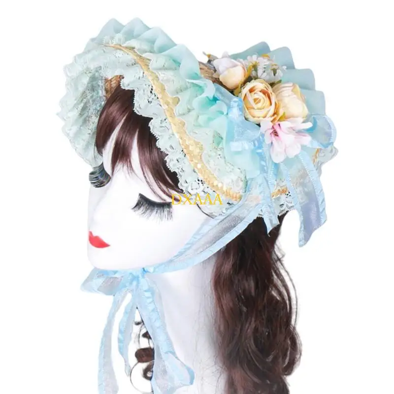 

DXAA викторианская соломенная шляпа с кружевными полями и цветком розы для женщин, модный аниме-костюм, шляпа-капот для особых