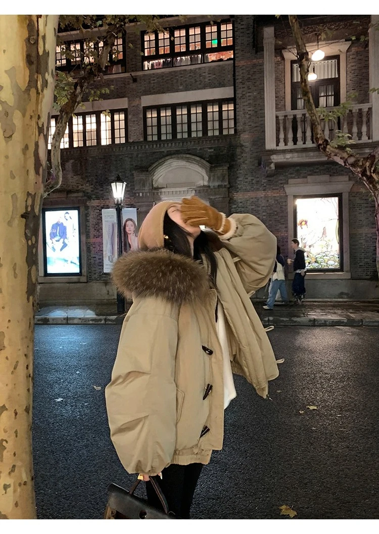 Parka corto da donna con cerniera e cappuccio con bottoni in corno e collo in pelliccia Cappotto invernale in cotone stile lavoro caldo