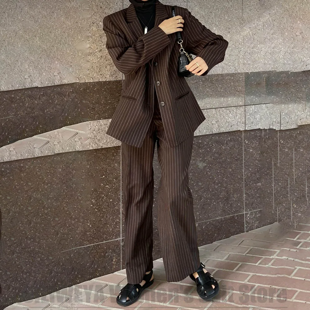 Women Brown Striped Suit 2 Piece Fashion Single Breasted Casual Formal Office Work Outfit Loose Fit Long Sleeves Ladies Suits