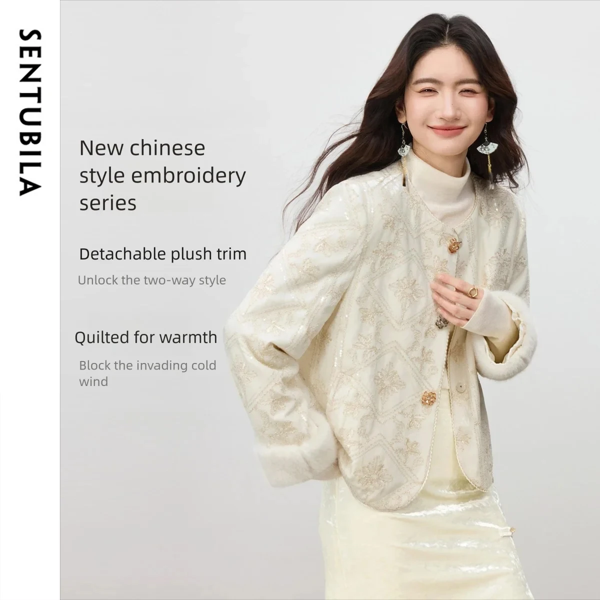 

SENTUBILA элегантные женские куртки в китайском стиле, осень 2022, пальто с цветочной вышивкой, теплые женские топы с круглым вырезом 154WB3880