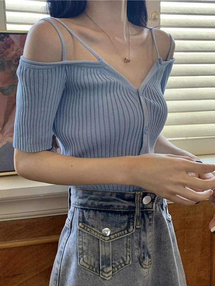 

Spring Summer Women's Slim Fit V Ne Open Cardigan ort Sve oulder Bared Knitted Top Korean Sle Commute Faion