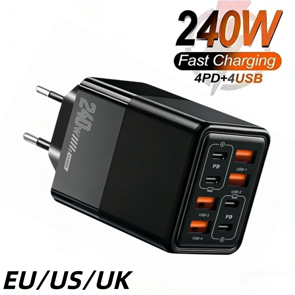 8 Ports 240W GaN USB C Charger 4PD+4USB Fast Charging Phone Charger EU Plug Wall Charger Power Adapter For Samsung Xiaomi iPhone