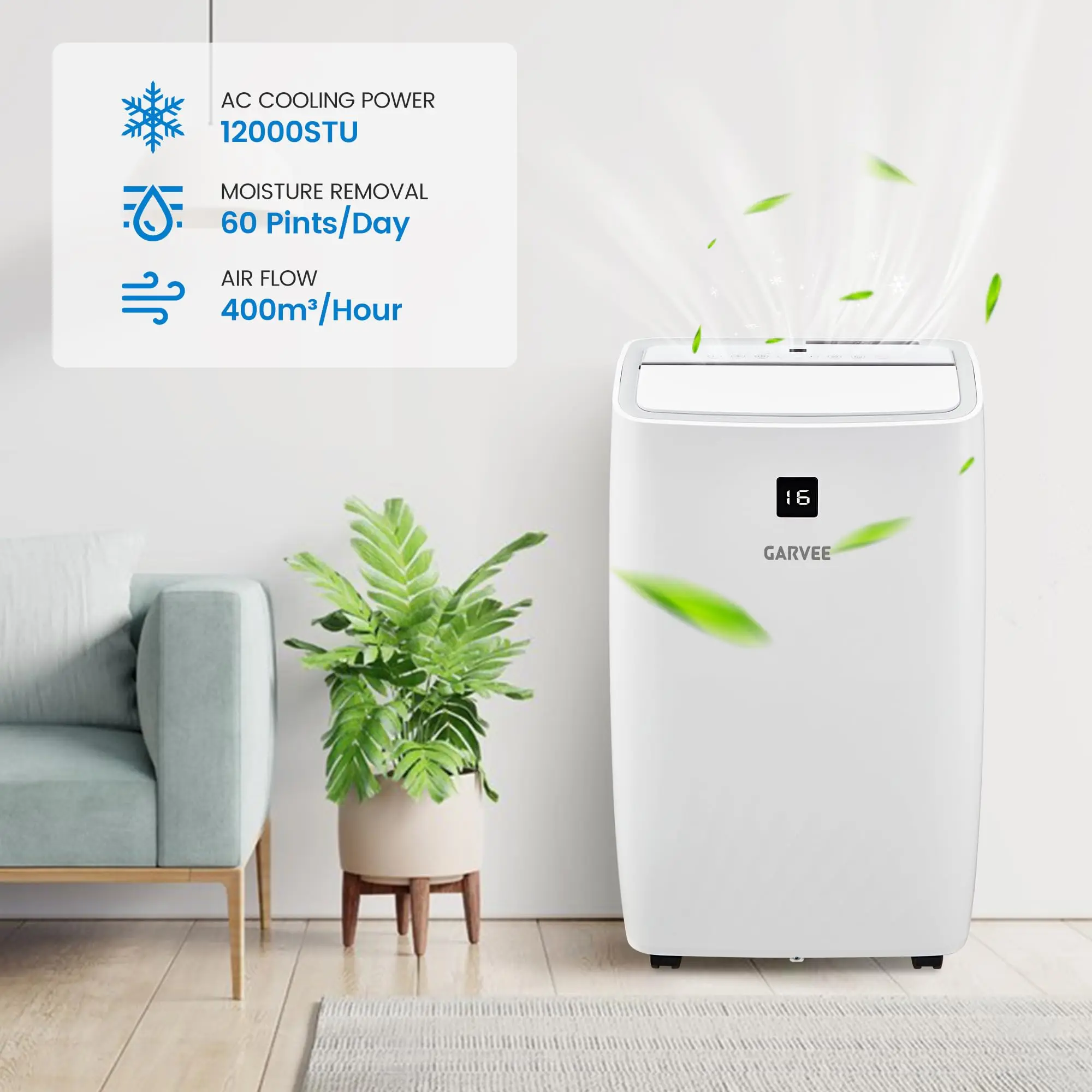 12000 BTU Portable Air Conditioner White Body Black Top Cover 3-in-1 Cool Dehumidifier Fan Portable AC Unit Quiet Mode 24 Hour Timer Easy Installation Portable Air Cooler for Medium Size Rooms