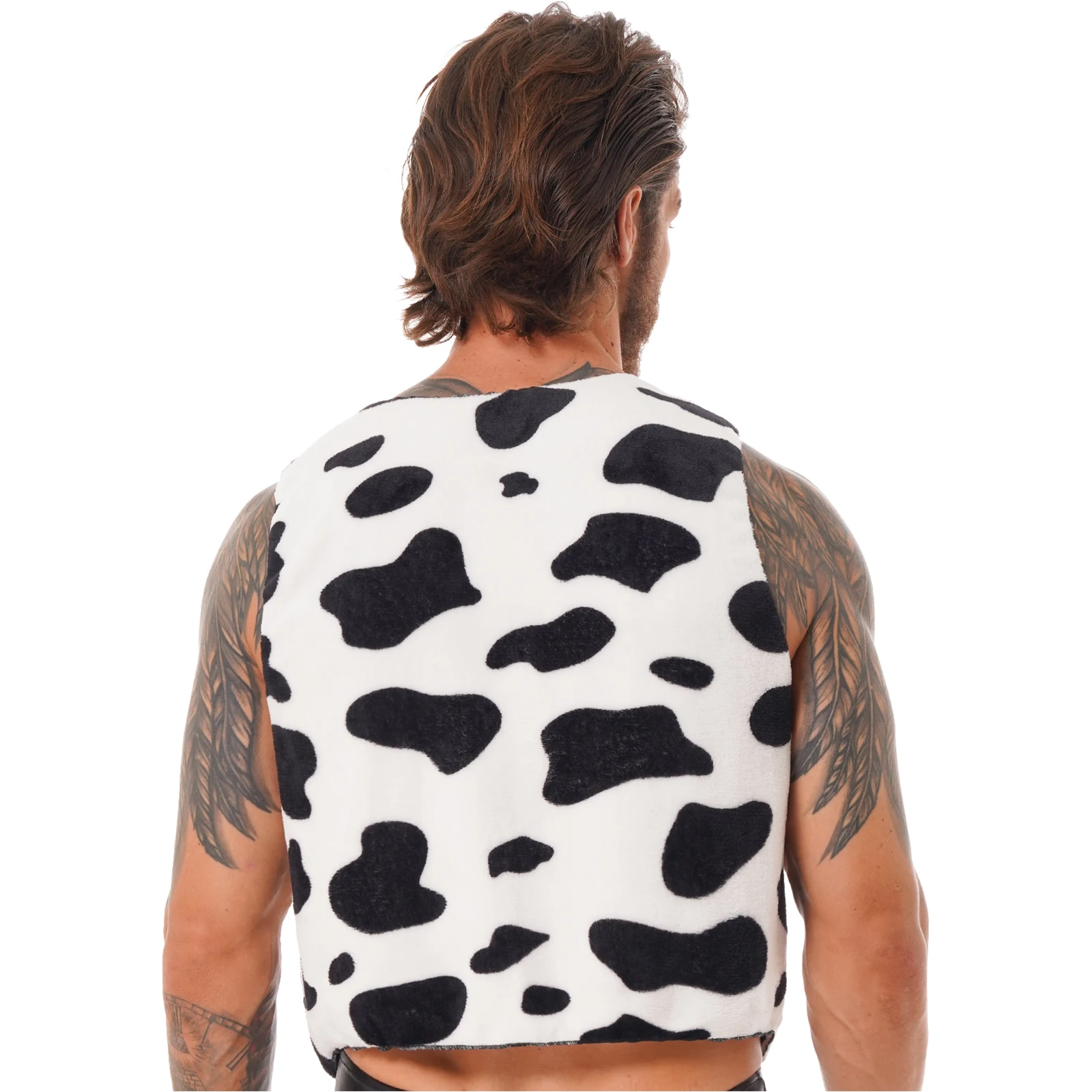 Gilet da uomo con stampa mucca senza maniche aperto sul davanti Gilet hippie Natale Carnevale di Halloween Gioco di ruolo da cowboy Costumi fantasia Gilet da mucca