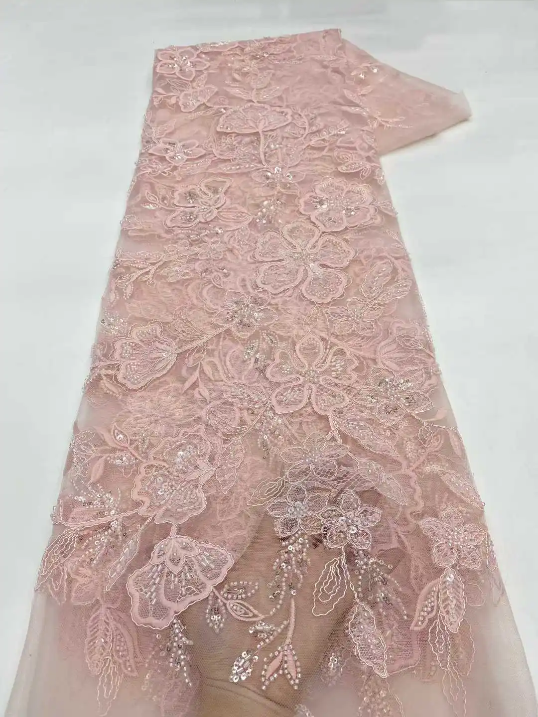 Luxury African Beaded Mesh Lace Fabric 2026 High Grade French Nigerian Sequins Embroidery Tulle Lace for Sewing Party Dresses