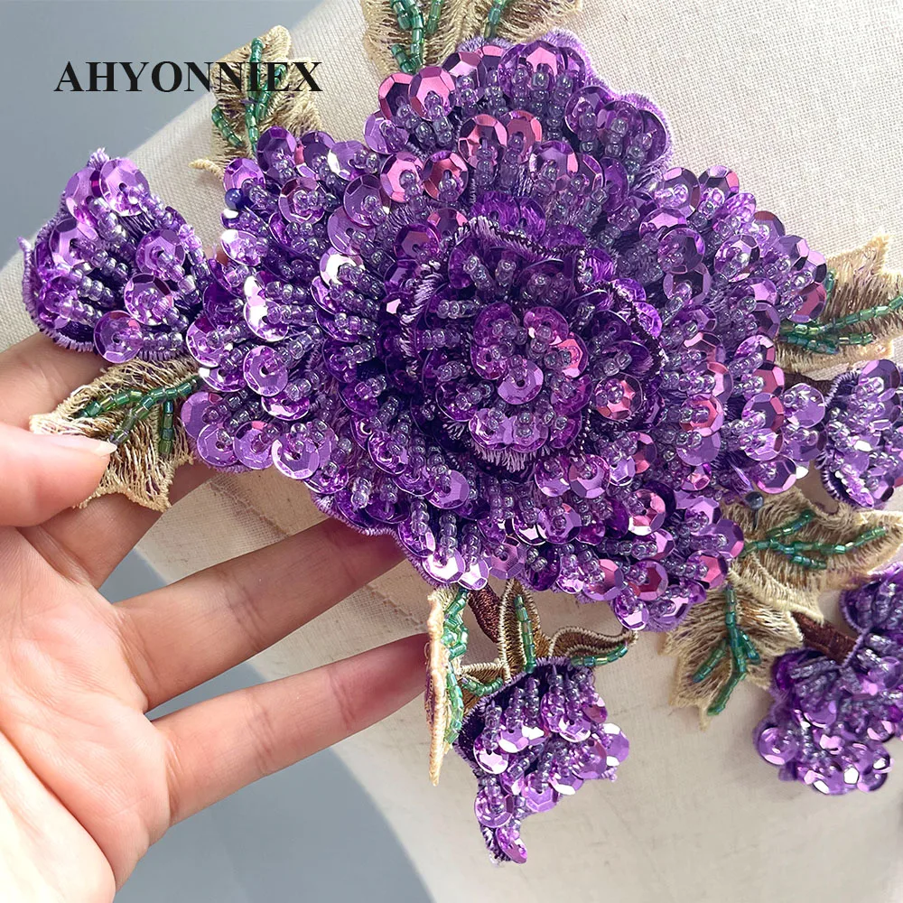 1 Piece 39.5CM Purple Embroidered Beaded Flower Patches Sew On Patch For Evening Dress Decoration Applique