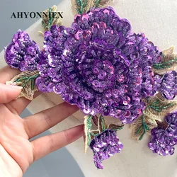 1 Piece 39.5CM Purple Embroidered Beaded Flower Patches Sew On Patch For Evening Dress Decoration Applique