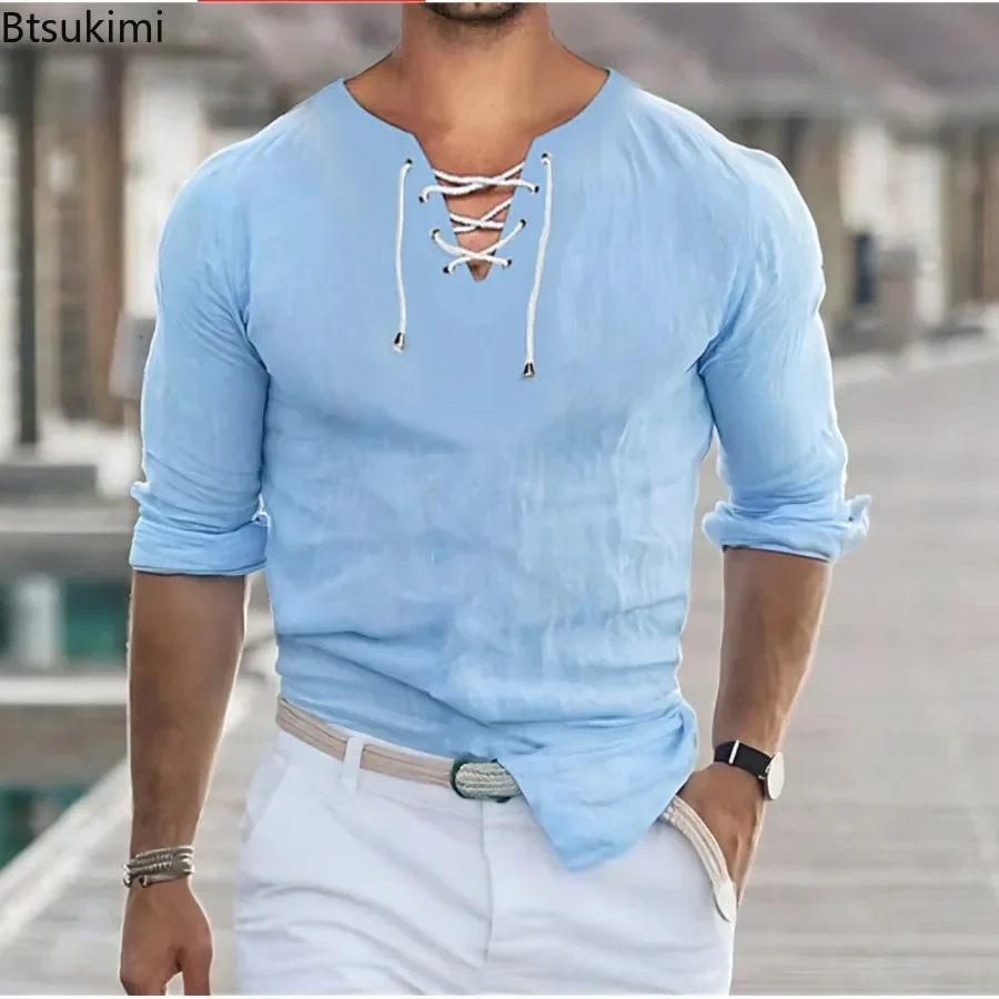 2024 Hot Sale New Men's Solid Simple Long Sleeve Shirts Fashion Lace-up V-neck Casual Sport Tops Plain Versatile T-shirt for Men