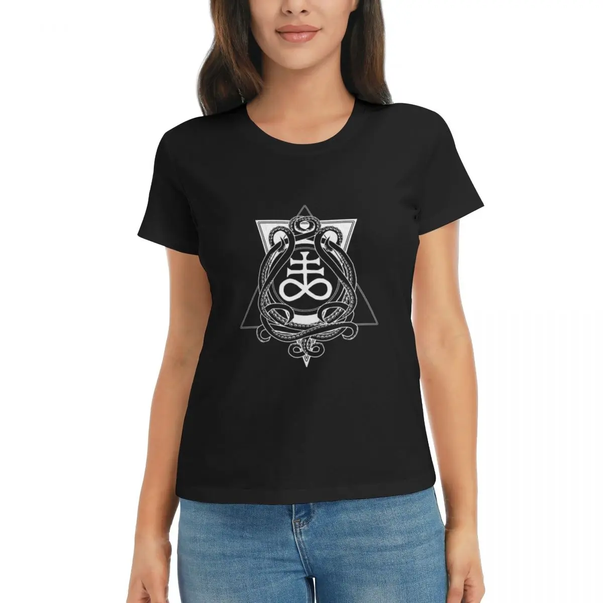 

Женская футболка с сатанинским крестом, крестом Левиафана и щупальцами, футболки с короткими рукавами, хлопковые футболки с круглым вырезом, одежда, топы, уличная одежда