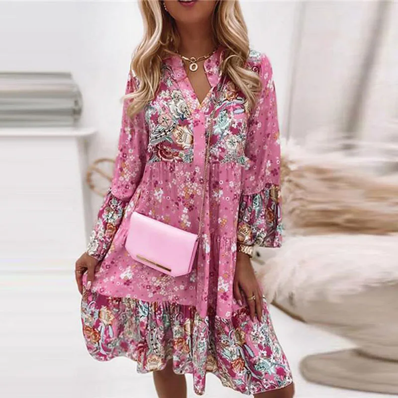 Elegant Retro Floral Print Flare Sleeve Mini Dress Women Spring Summer Ruffle Loose Women Party Dress Casual V Neck Beach Dress