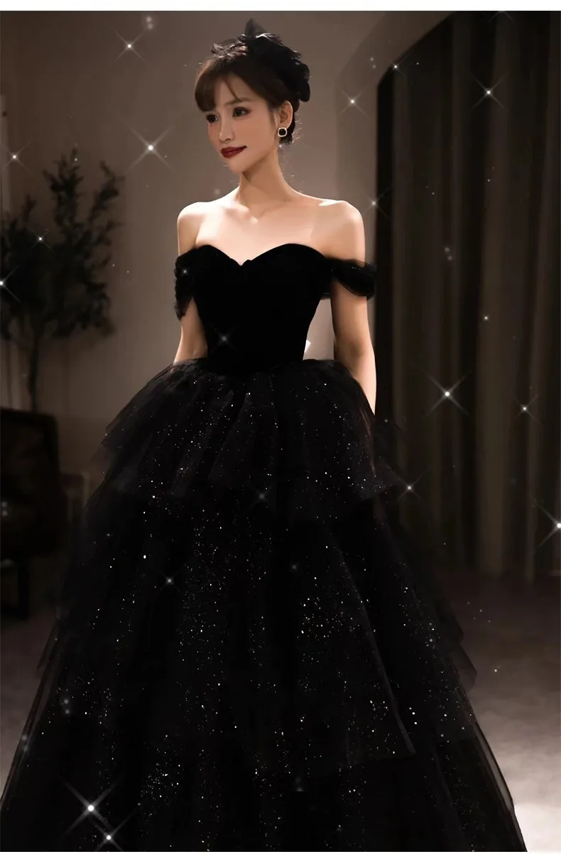 

Shiny Black Prom Dresses Sexy Gauze Off The Shoulder Sweetheart Pleated Floor Length Evening Party A-line Formal Ceremony Gown