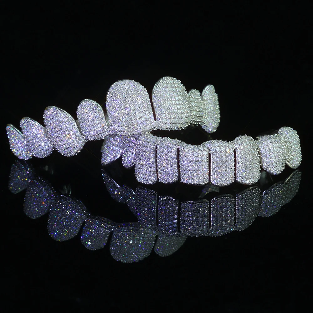 Hip Hop Iced Out Vvs Diamond Grillz Teeth 8 Top 8 Bottom 925 Sterling Sliver Custom Moissanite Grillz Body Jewelry