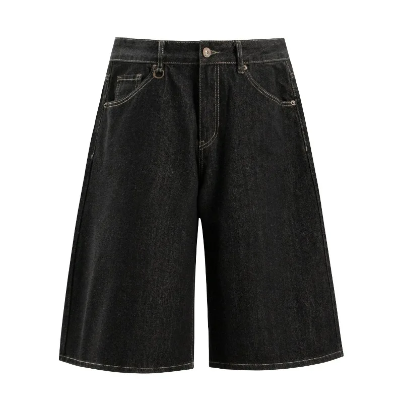 

KIDWHXR Summer Short Jeans Men American Street Solid Color Male Knee Length Pant Loose Simple Mid Waist Casual Man Denim Pants