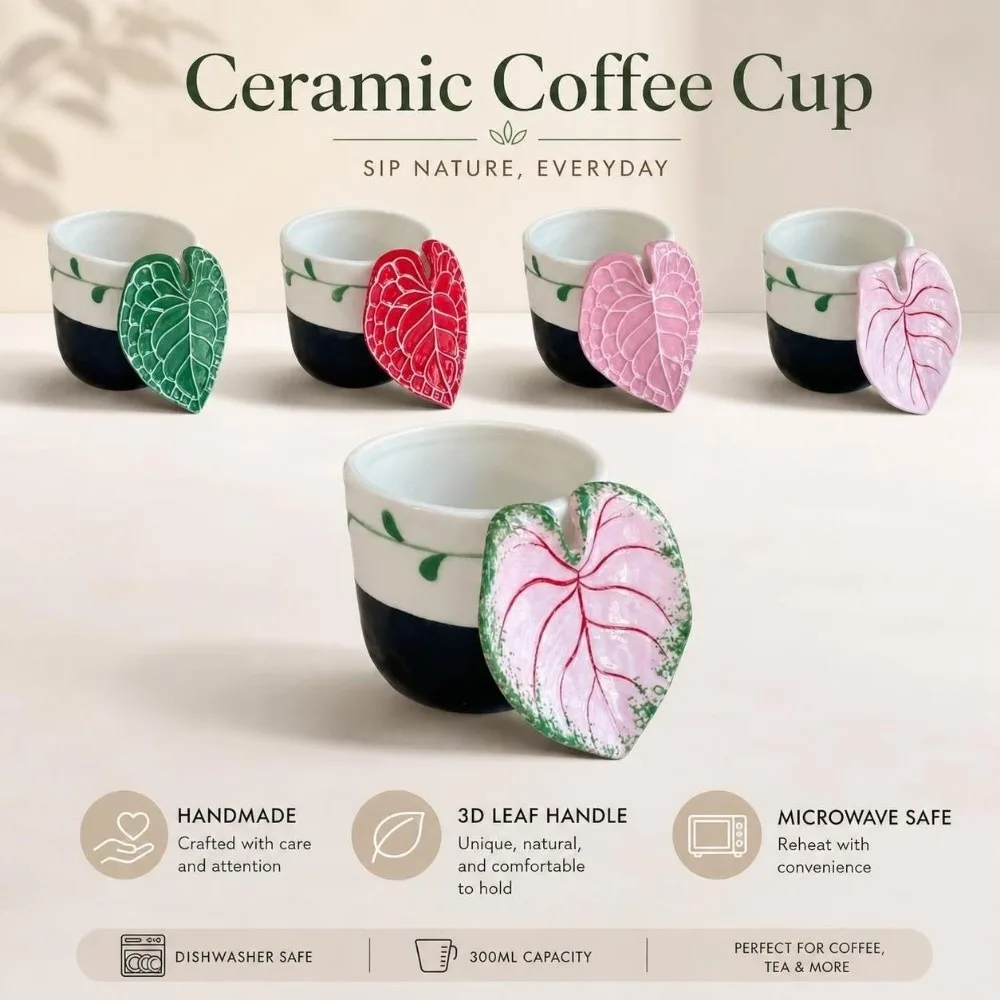 Creative Handmade Ceramic Coffee Cup 3D Leaf Handle Dishwasher Safe Latte Mug Microwave Safe 300ml Espresso Cup Coffee Bar