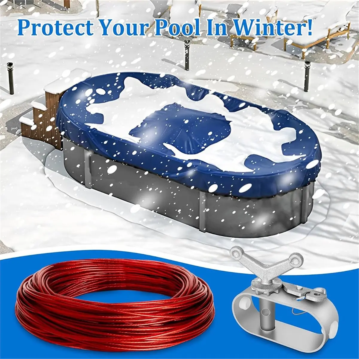Swimming Pool Cover Cable and Winch Kit-Plastic-Coated Steel Pool Cover Wire & Aluminum Spring Loaded Pool Cover Ratchet