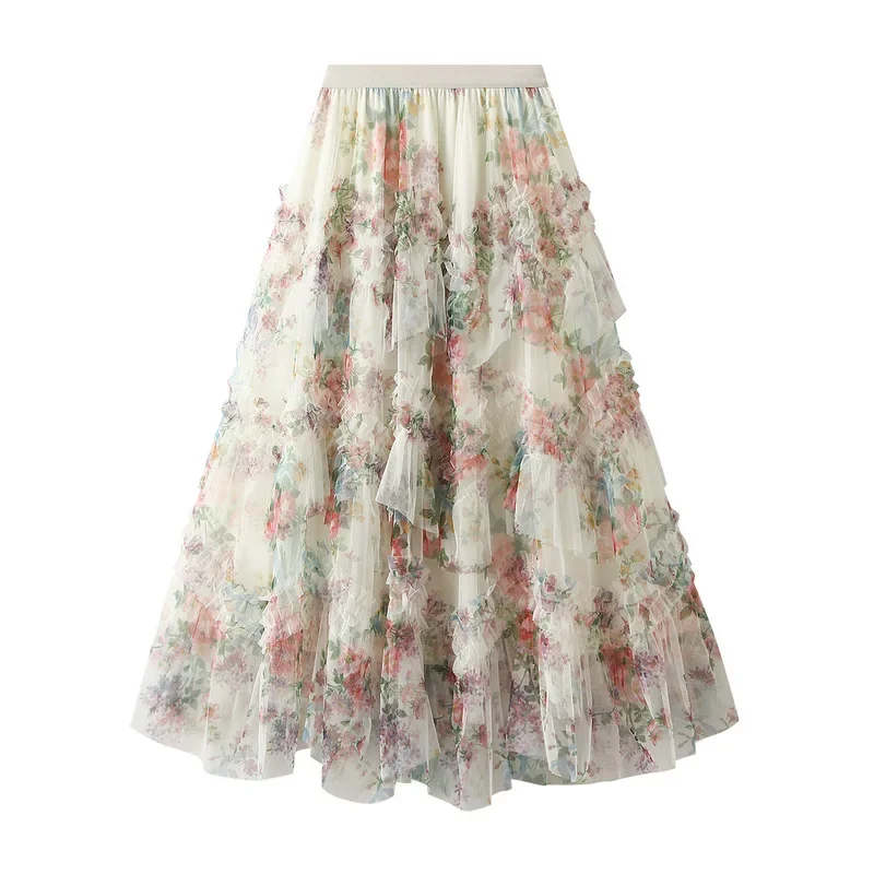 Women irregular patchwork colored floral mesh skirt for women's 2025 spring French court style temperament A-line skirt