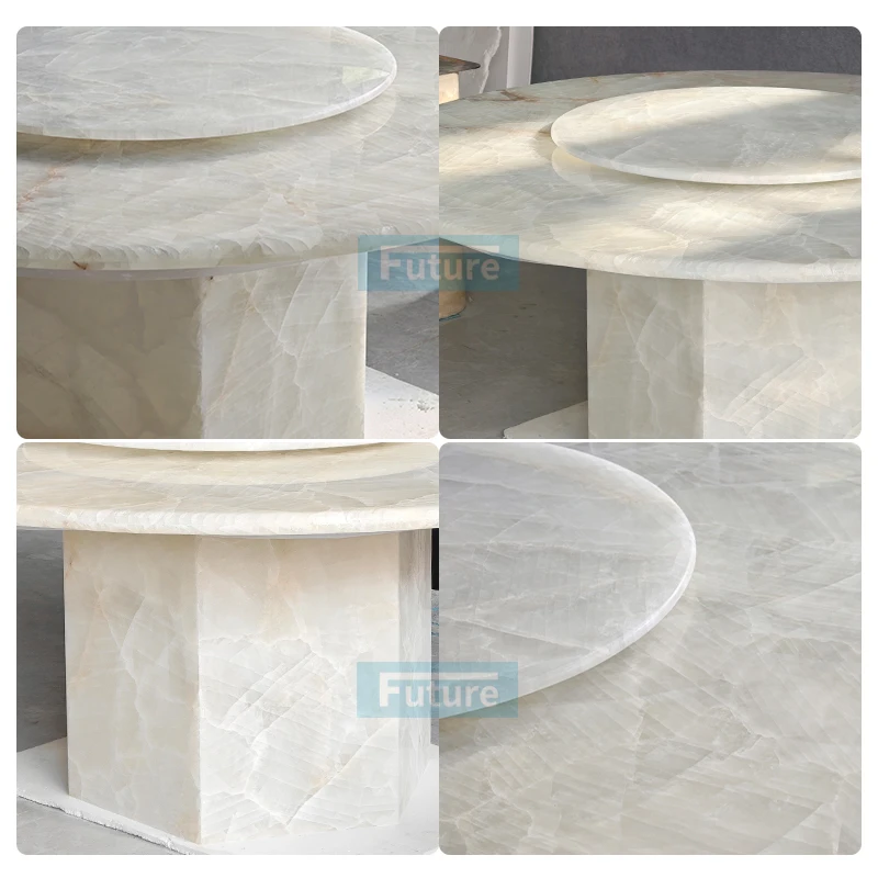 Factory Luxury Style White Onyx Marble Dining Table with Marble Pedestal Base for Villa Apartment Hotel Dininig Room Furniture