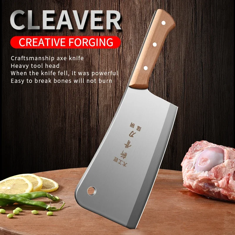 6mm thickened stainless steel bone-chopping knife with solid kitchen wood handle, chef\'s sharp bone-chopping butcher knife