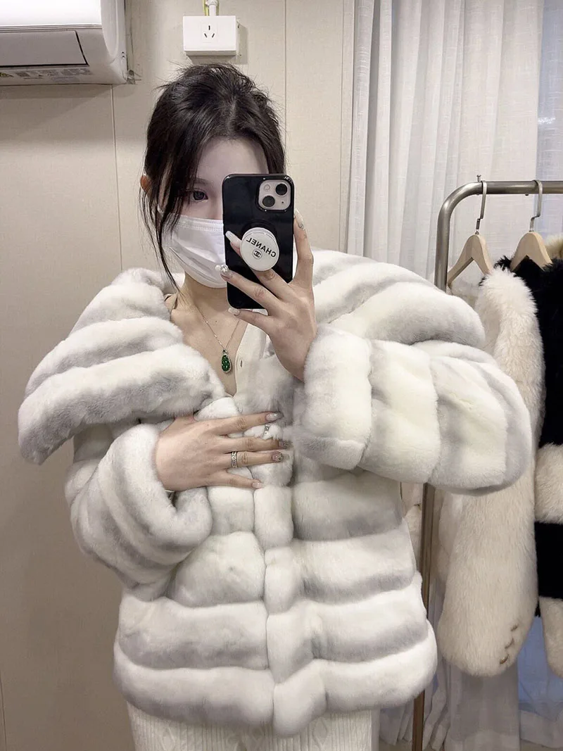 ZADORIN Luxury Winter Jackets for Woman Chinchilla Color Fluffy Warm Faux Rabbit Fur Coat Woman Big Lapel Short Faux Fur Jacket