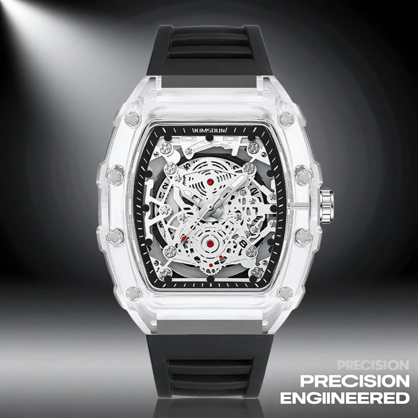 Reloj informal de moda para hombre, Esfera luminosa, función de calendario, correa de silicona duradera, caja transparente con forma de Tonneau, reloj de cuarzo