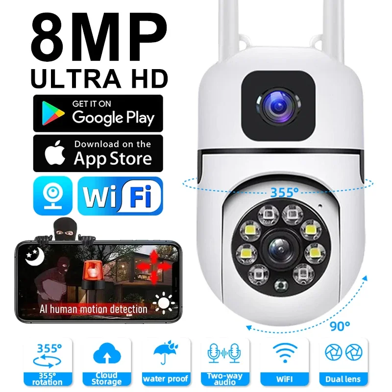 듀얼 렌즈 보안 무선 야외 PTZ 카메라, 컬러 나이트 비전, 가정용 베이비 모니터, 자동 모션 감지, HD IP, 8MP