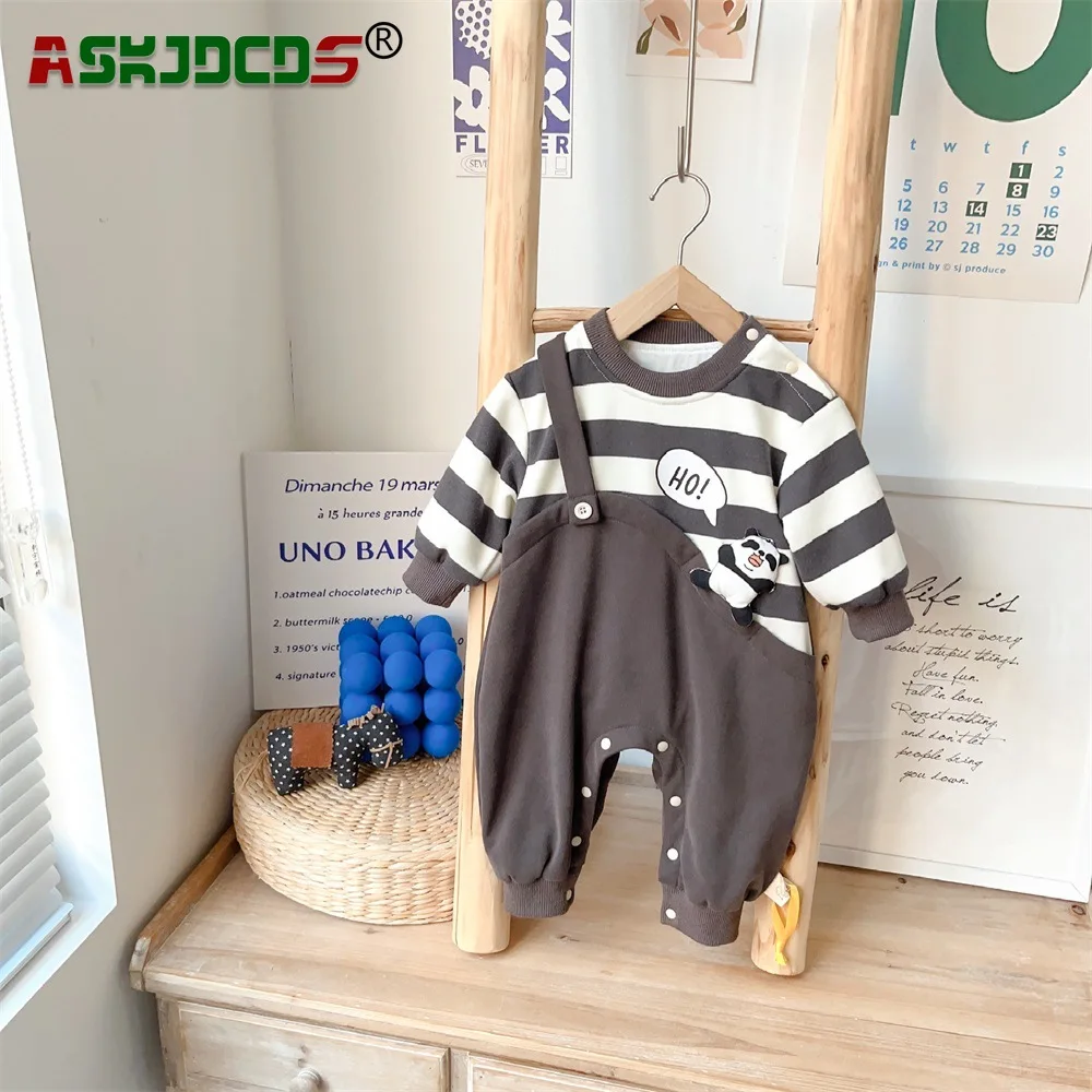 

2023 Autumn Collection: Long Sleeve Patchwork Striped 3D Panda 1pcs Jumpsuits for Baby Boys Perfect Infants Newborns 0-24M