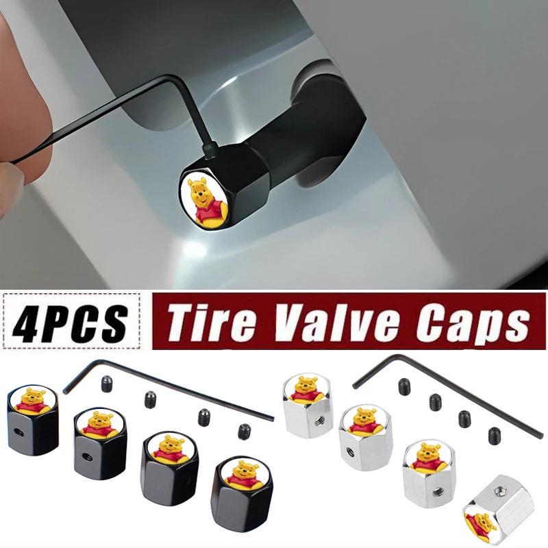 

4pcs Anime Cartoon Disney Winnie the Pooh Anti-Theft Car Wheel Tire Valve Stem Caps Air Covers for Audi BMW Honda Toyota Subaru