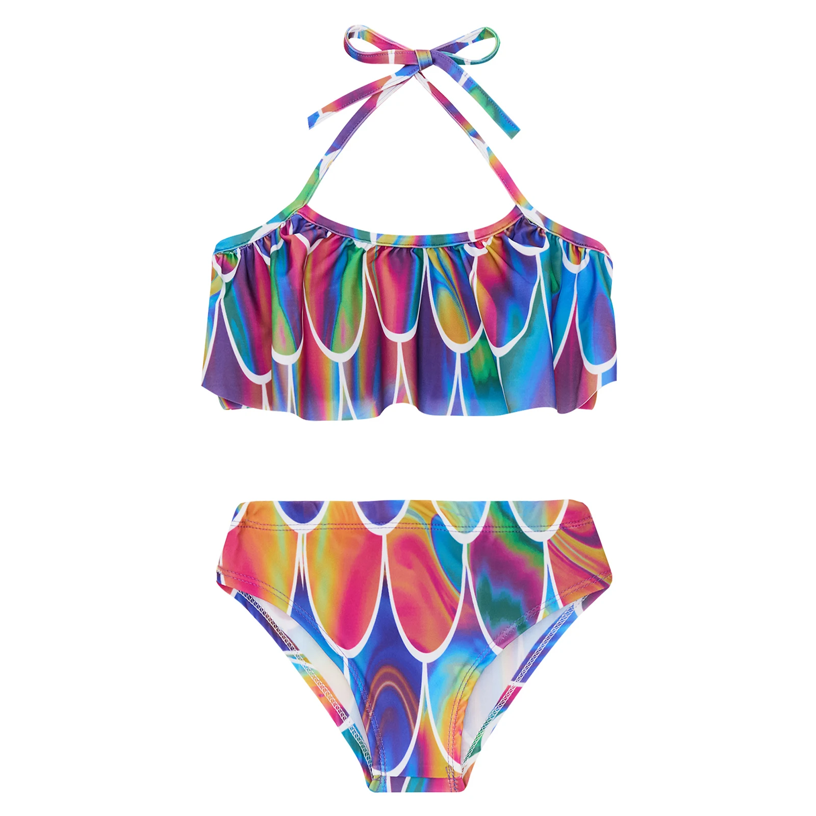 Kids Girls Fish Scales Swimsuit Halter Neck Swim Tops with Briefs Child Mermaid Swimwear Surfing Diving Bathing Suit Beachwear