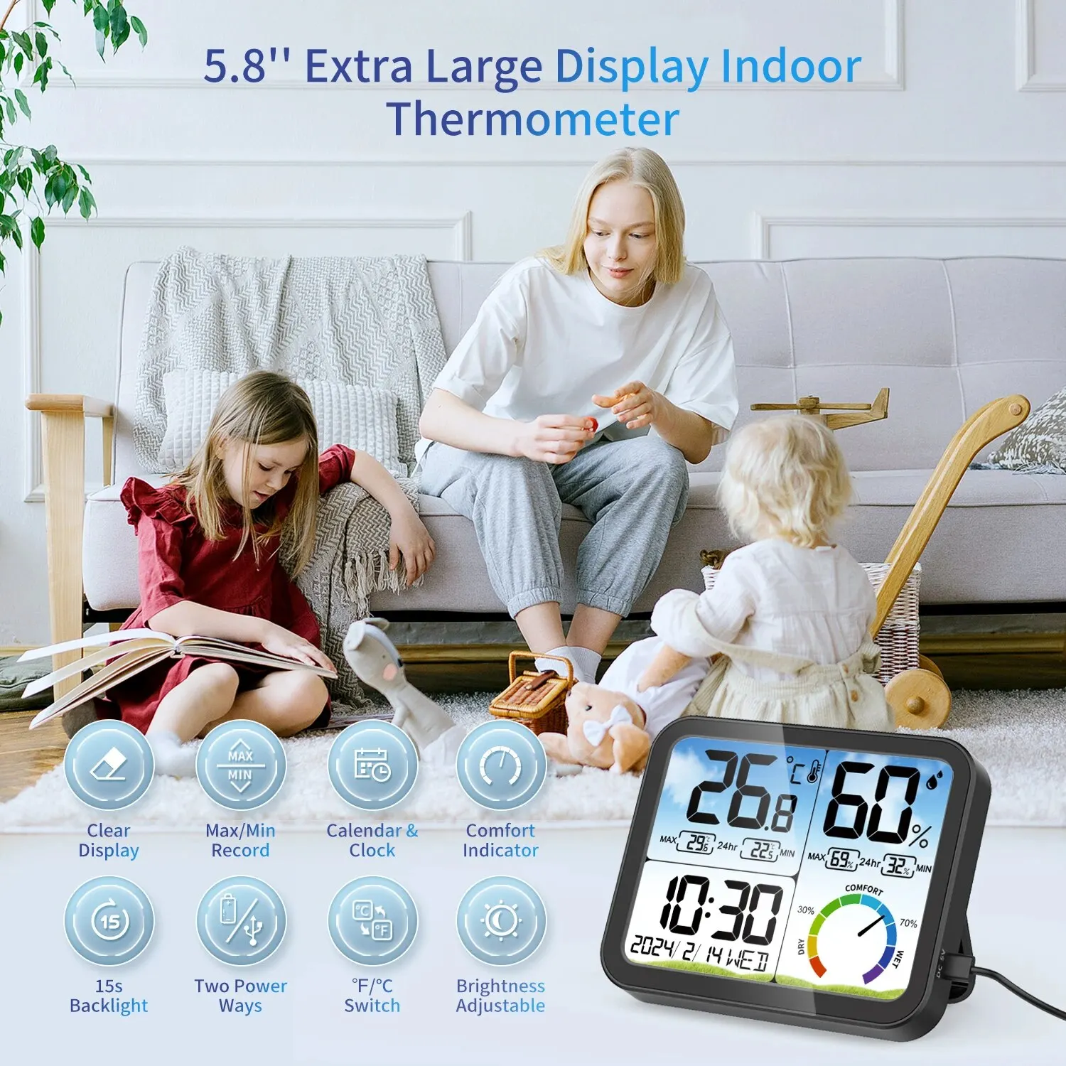 Digital Indoor Room Thermometer 5.8\'\' Extra Large Display Temperature Humidity Sensor with Accurate Temp Humidity Gauge Monitor