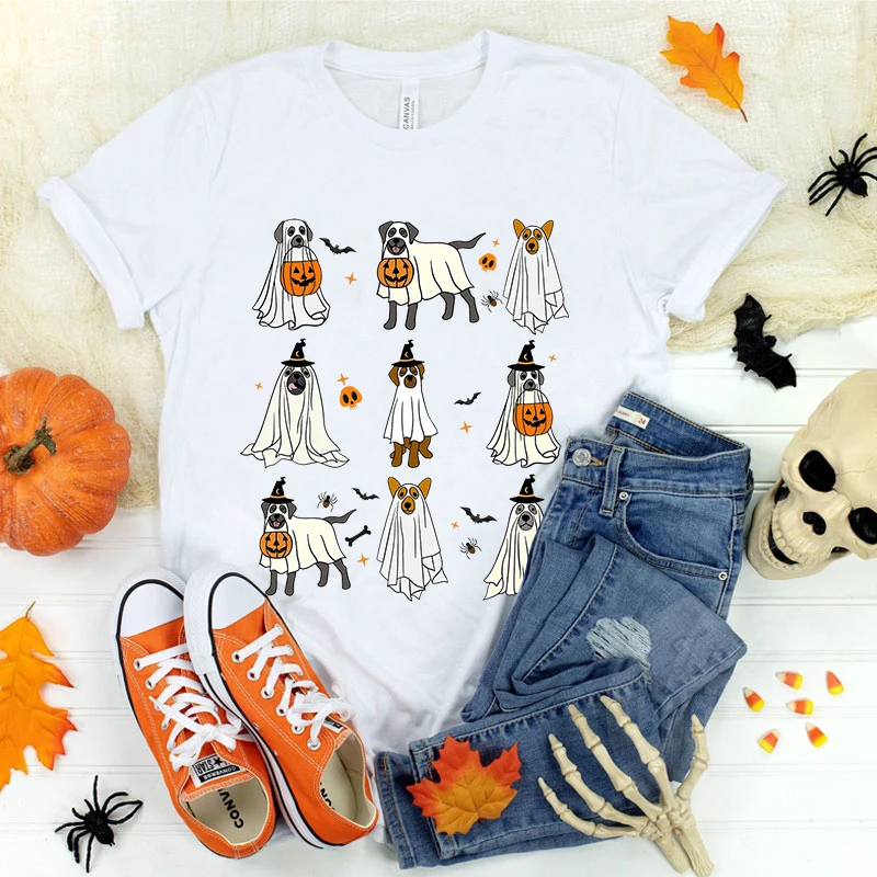 

Funny Halloween Dog Print T-Shirt Women Loose Short Sleeve Round Neck Top Female Casual Shirt Tees